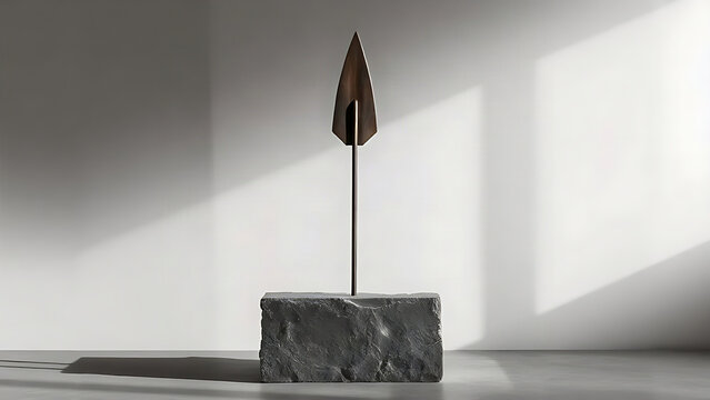 Geometric bronze spearhead sculpture mounted on rough stone plinth.