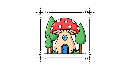 Fototapeta premium Whimsical Mushroom House Surrounded by Green Trees and Cute Plants