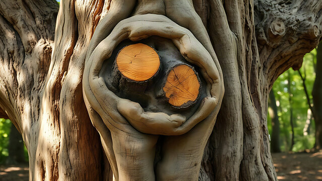 Ancient oak tree trunk with twisted grain and burl, textured bark in forest.
