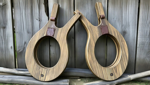Two old wooden ox yokes with rusted iron rings against plank wall, agricultural heritage concept