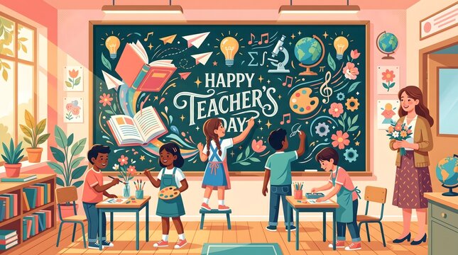 Cartoon school blackboard with large floating books and educational icons illustrating teachers day theme with students painting in modern classroom.