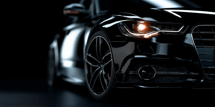 Black Modern Sports Car on Black Background Banner with Copy Space