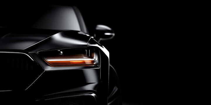 Black Modern Sports Car on Black Background Banner with Copy Space