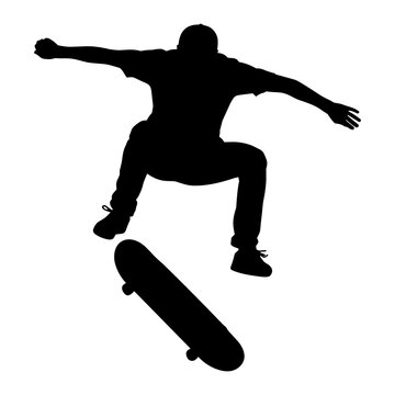 Male skateboarder doing kickflip trick in mid air silhouette isolated on transparent background