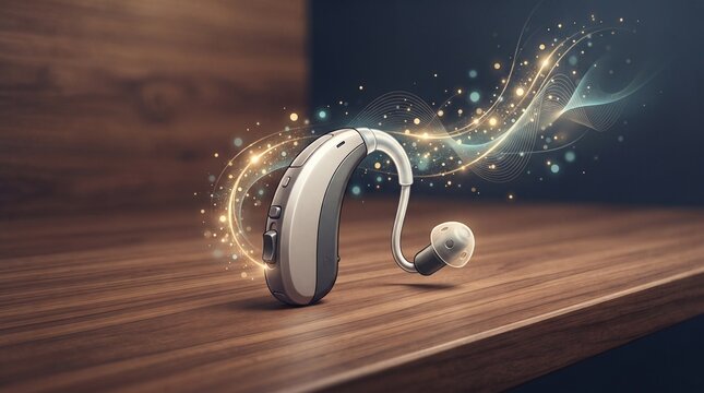 Hearing aid with magical elements on wooden surface for sound clarity for International Day of the Deaf
