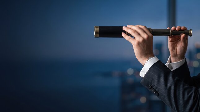 Man in suit looking through black telescope at city skyline, business vision and foresight concept, strategic planning for future goals from high-rise office window perspective.