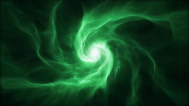 A glowing emerald energy cloud rolls and expands with thick luminous filaments twisting around a bright core, self-illuminated against total black &mdash; seamless loop perfect for premium cinematic overlay