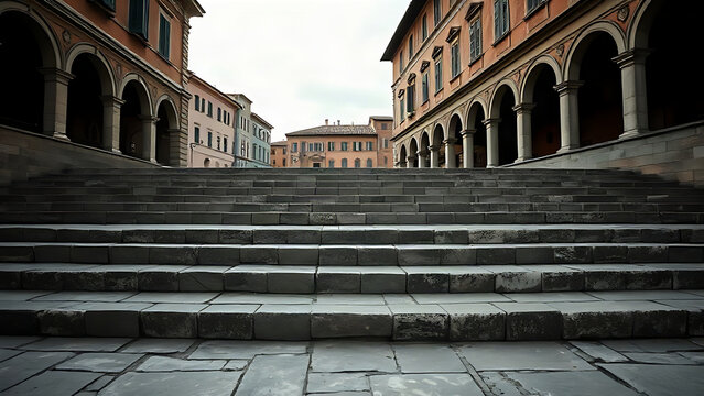 Empty ancient market square with stone steps showing indentations where a pillory once stood.