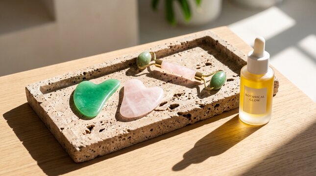 Luxury Gua Sha Stone Set and Rose Quartz Roller on Travertine Stone Tray