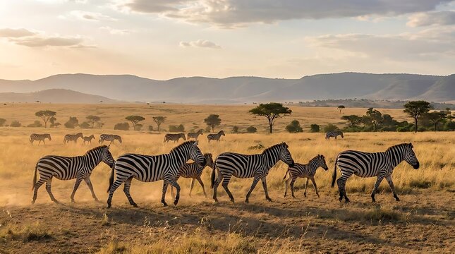 Zebra herd grazing in African savanna during sunset.