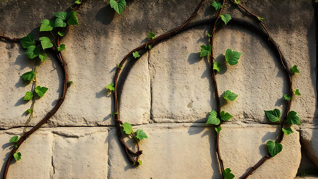 Natural vines growing on an ancient wall forming elegant script curves.