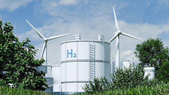 Green hydrogen energy storage tank with wind turbines and solar panels in nature environment- 3D rendering