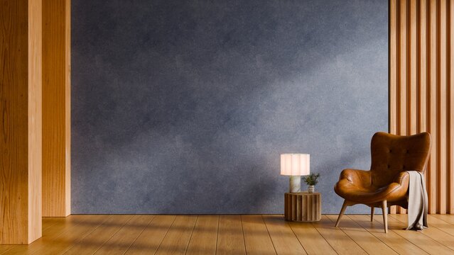 Modern living room interior with brown leather armchair, lamp, and dark blue textured wall- 3D rendering