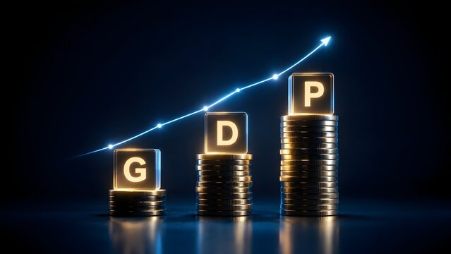 GDP Economic Growth And Financial Progress Concept With Rising Coin Stacks And Arrow