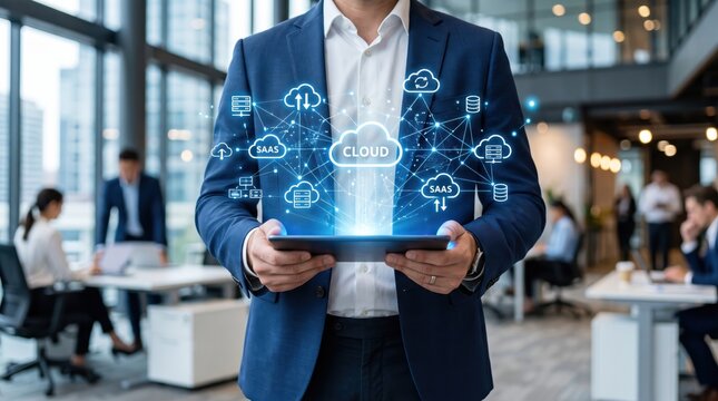 Businessman holding tablet with cloud computing network hologram, digital technology concept showing SaaS and data connection in modern office environment