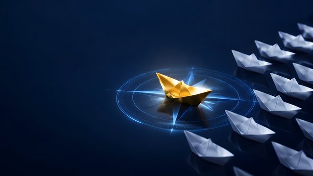 Business Leadership And Strategic Direction Concept With Golden Paper Boat On Compass