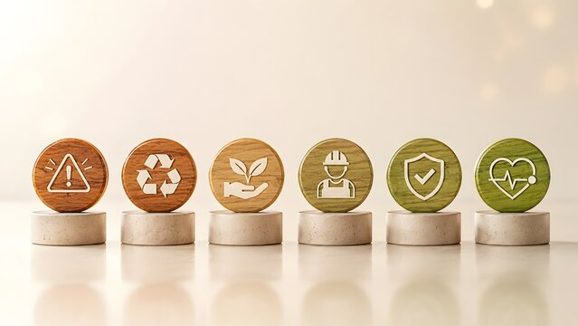 EHS Occupational Health Safety And Environmental Sustainability Wooden Round Token Concept
