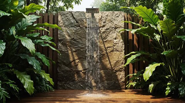 Water cascades from an outdoor shower head amidst lush tropical foliage on a wooden deck, creating a serene, spa-like environment for relaxation.