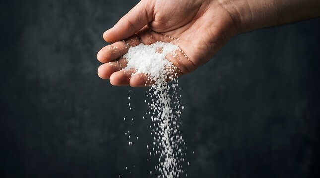 Close up of a hand sprinkling salt over dark surface showing grains falling and dispersing in an artistic composition