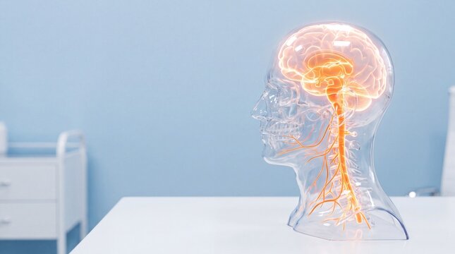 Transparent human head model showing glowing brain and nervous system in a clinic setting, Glowing brain and spine structure representing artificial intelligence, mental health, and human intellect