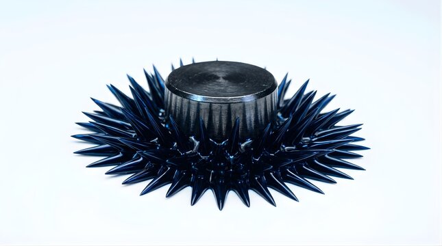 Magnetic ferrofluid spike formation around a metal cylinder on white