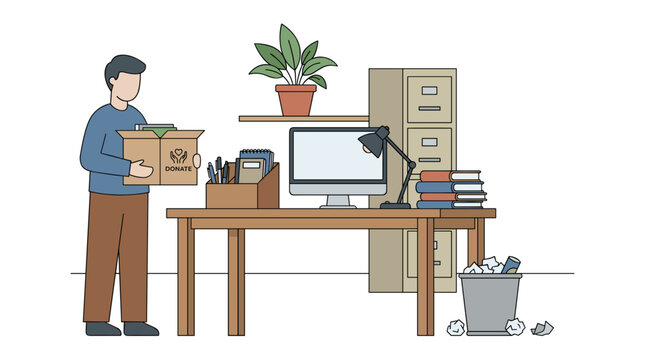 Man decluttering office desk, holding donation box with books and stationery, desktop computer, filing cabinet, plant, trash bin