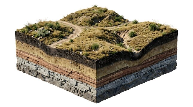 Cross Section of Earth Layers with Green Grass Terrain Isolated on White Background