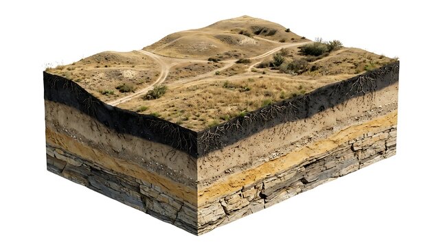 Cross section of earth soil layers with grass surface isolated on white background