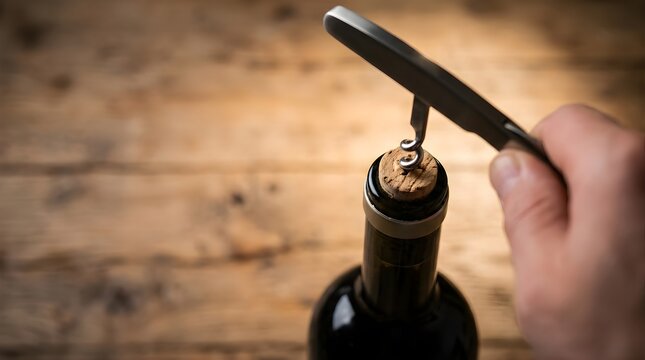 Person opening a wine bottle with a corkscrew on a rustic wooden table