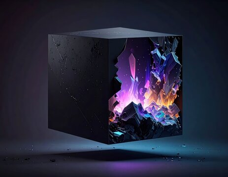 Black cube containing glowing purple and blue crystals.