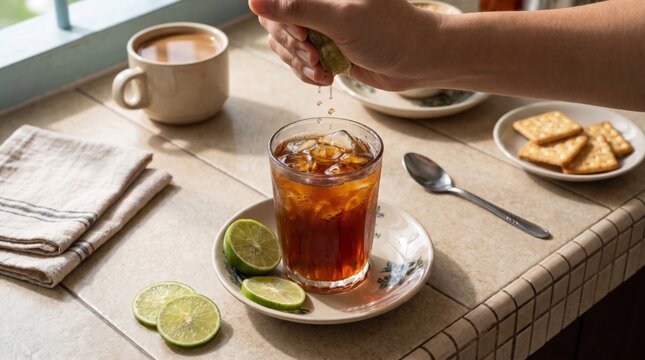 Malaysian Teh O Limau, Ice Tea and Fresh Citrus in a Traditional Kopitiam Setting