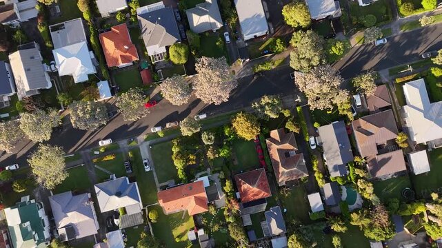 Drone flying over residential houses, suburban streets, and cars in Mount Albert, Auckland, New Zealand. Aerial top-down view