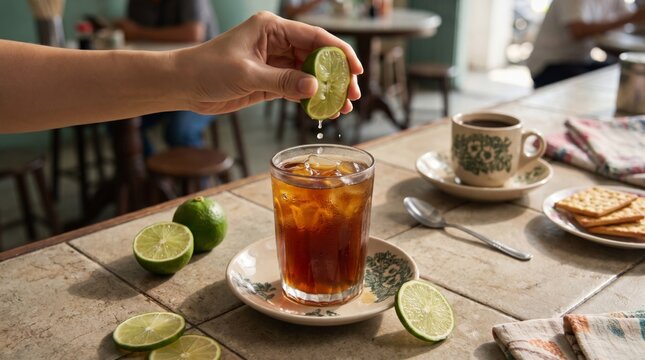 Malaysian Teh O Limau, Ice Tea and Fresh Citrus in a Traditional Kopitiam Setting