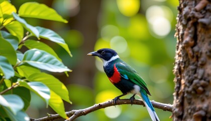 Obraz premium A vibrant bird with a green head and red breast stands perched on a branch in a lush, tropical setting. The bird is facing left, its beak slightly open as if possibly singing or communicating