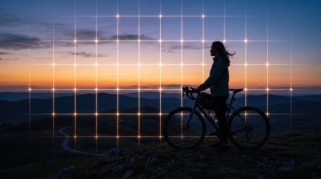 Silhouette of female cyclist standing with bike on mountain top at sunset, overlaid with glowing digital grid pattern, representing active lifestyle, outdoor adventure