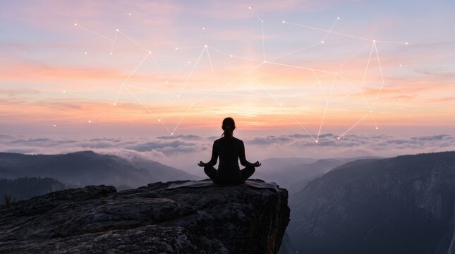 Woman meditating in lotus pose on cliff edge at sunrise, silhouette against colorful sky with abstract constellation network overlay, symbolizing mindfulness, spiritual connection