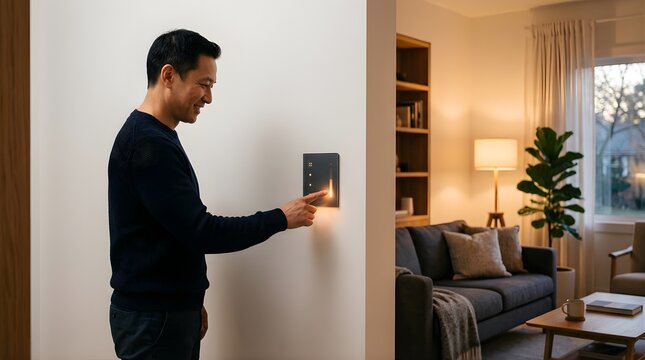 Smiling Asian man adjusting modern smart home lighting panel on wall
