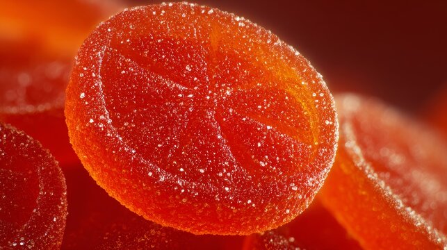 A high-resolution detail shot of the cross-section of a bitten orange gummy candy, showing the dense, chewy interior. It is surrounded by other whole orange candies. The lighting is crisp and