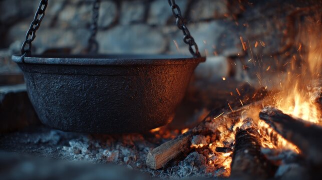 Detailed stock image focusing on the fire and the bottom of a hanging metal pot. The texture of the cast iron is rough and pitted. The firewood is crackling with sparks flying. The background is a