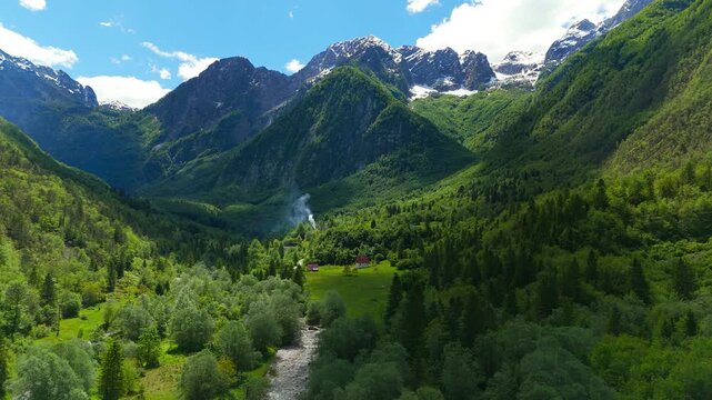 Green Lepena Valley in Posočje Region, Slovenia. Aerial ascent