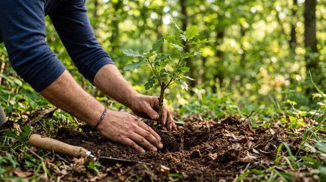 Hands planting young tree sapling in forest soil, reforestation project, environmental conservation, nature restoration, ecology protection, sustainable development
