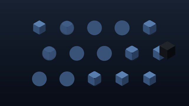 abstract animation black cube flies through transforming cubes and spheres, pulsating motion graphic