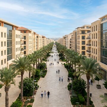 Elevated view of palm-lined pedestrian avenue surrounded by contemporary apartment buildings and landscaped public spaces