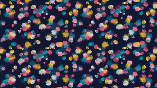 Seamless pattern of watercolor style colorful circles on a dark navy blue background