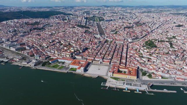 High angle drone view of Lisbon geography, Lisbon metropolitan area on Tagus River estuary