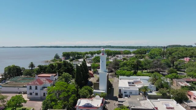 Drone circle around Colonia del Sacramento Lighthouse on the ruins of the Saint Francis Xavier convent