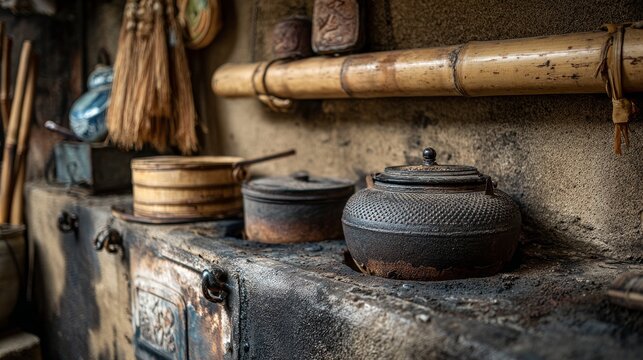 A detailed close-up of a vintage Kamado stove in an old Kyoto house. The texture of the rough plaster and soot stains is visible. A traditional iron rice cooker (kama) is placed on the firebox. In