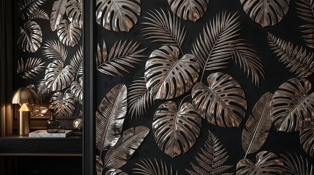 Luxury tropical wallpaper with gold leaves. Elegant dark botanical wall decor background.