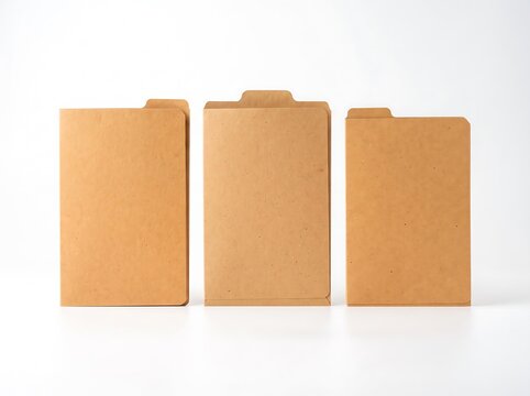 Three brown recycled paper file folders standing upright on a clean white background