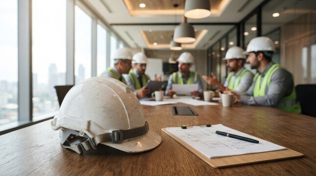 Architects reviewing construction plans with hard hats present.